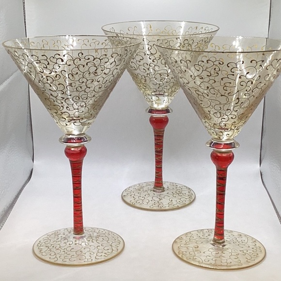 Rioja Pier 1 Imports Ruby Red Gold Scroll crystal martini glasses - Picture 3 of 5